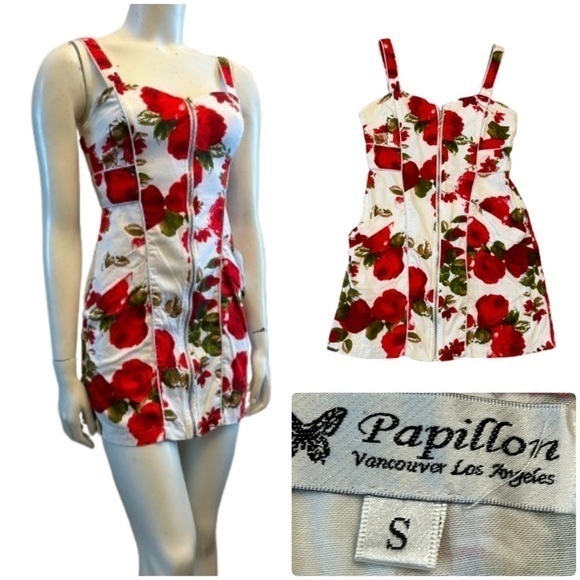 Papillon Blanc Gorgeous Red And White Floral Zip Up Mini Dress With Pockets L